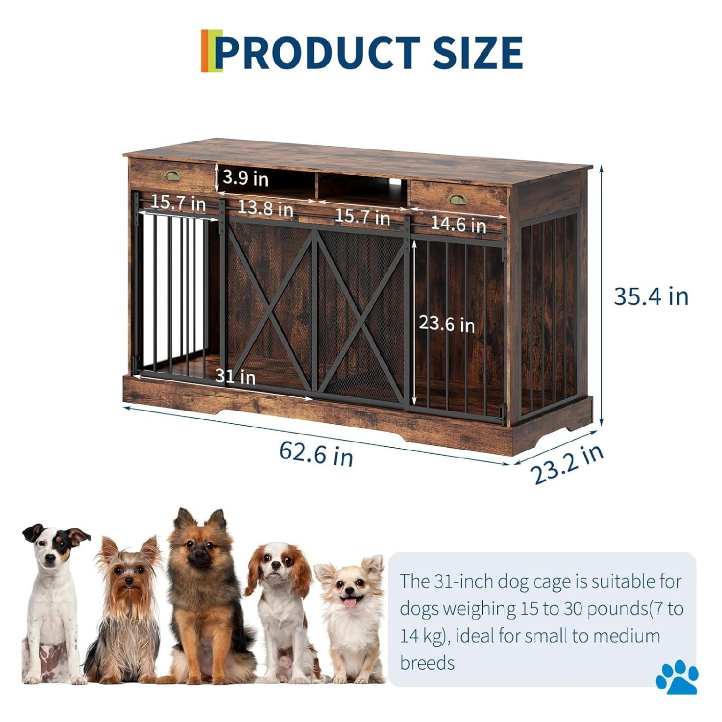 63'' Extra Large Double Dog Crate with Removable Divider, Heavy Duty Dog Kennel Furniture with 2 Drawers, Indoor Decorative Pet Cage TV Stand for 2 Pets