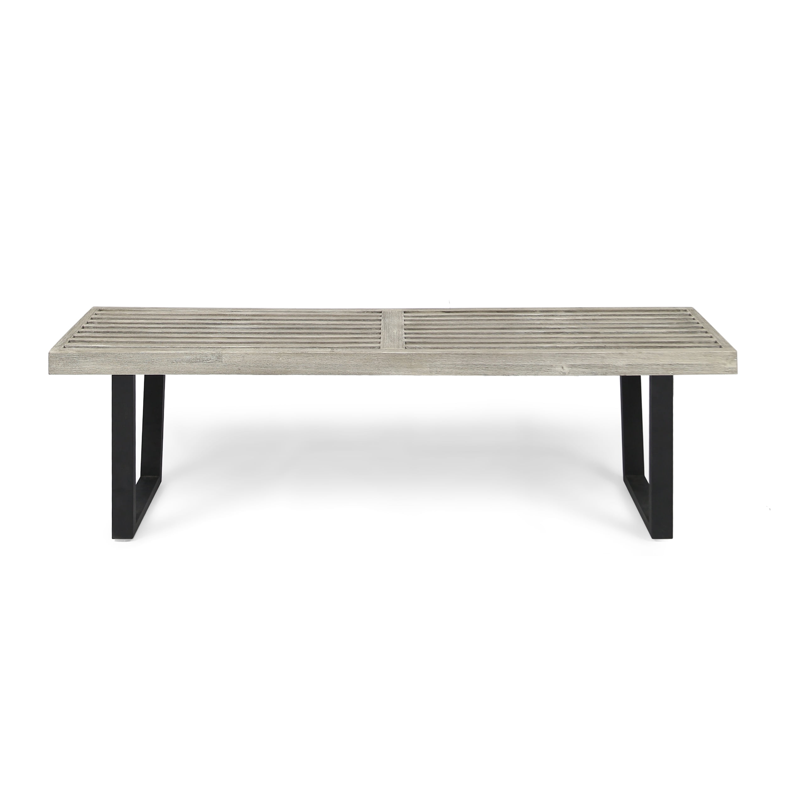 Outdoor Bench with Acacia Wood Seat and Iron Legs, Patio Dining Bench and Garden Seating for 3 People, Light Gray Wash and Black