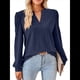 thumbnail image 3 of Blusas para Mujer, Elegantes, Informales, con Cuello en V, Larga, Blusas para Mujer con Mangas Abullonadas Azul Marino XL, 3 of 10