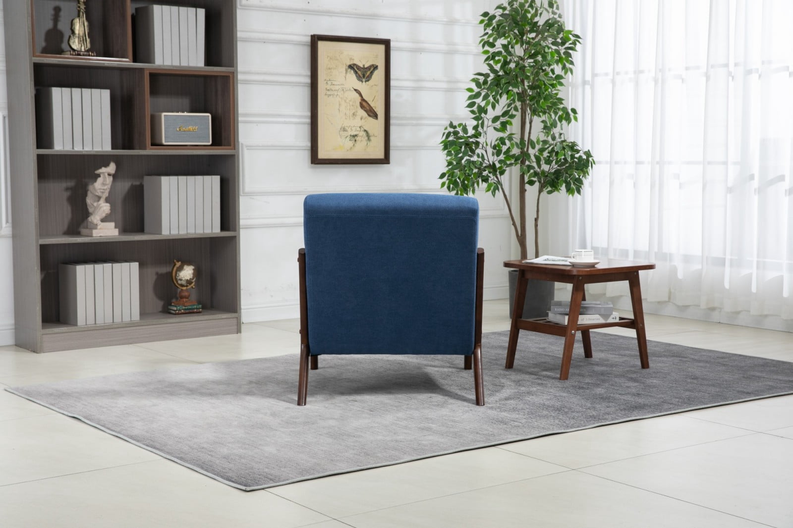 Mid Century Modern Accent Chair Upholstered Living Room Chair with Waist Cushion Wood Frame Reading Armchair for Bedroom Sunroom Indoor Lounge Chair, Blue