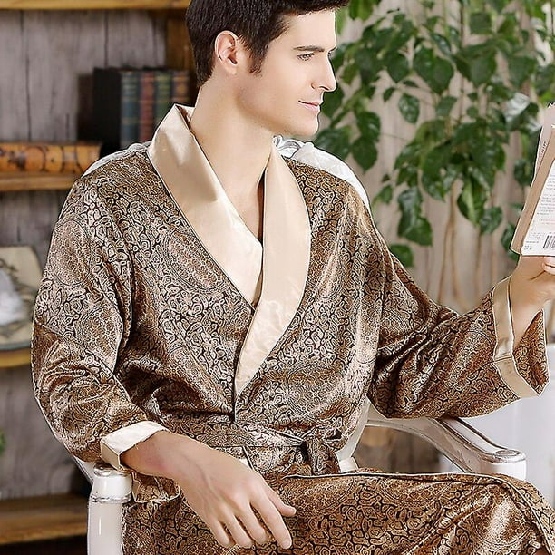5xl 4xl Men Robe Silk Bathrobe Soft Cozy Long Sleeve Nightgown One piece Kimono Men Bath Gown Printed Robes Home Satin Sleepwear