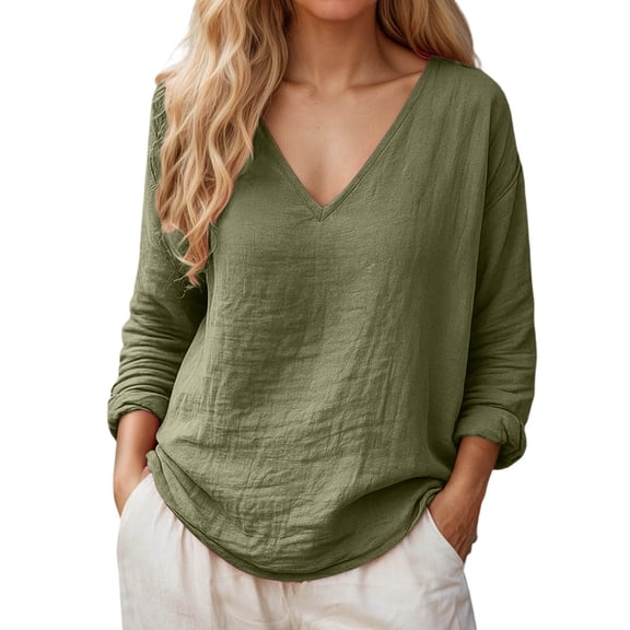 CONZONE Womens Summer Cotton Linen T-Shirts Long Sleeve T Shirts for Women Casual V Neck Solid Color Lightweight Tees Soft Cozy Dailywear