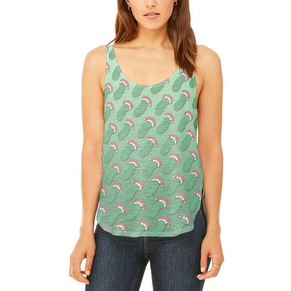 Christmas German Pickle Pattern Juniors Flowy Side Slit Tank Top Multi X-LG