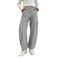 thumbnail image 2 of Pants for Women Dqueduo Women's Plaid Button-Zipper Elastic Waist Curved Barrel Pants – Casual Trousers Gray XXL, 2 of 9