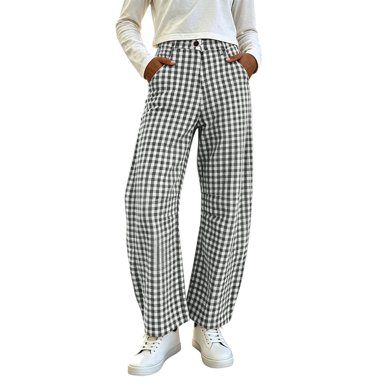 Noric Women Summer Casual Checked Pants High Waisted Elastic Waist