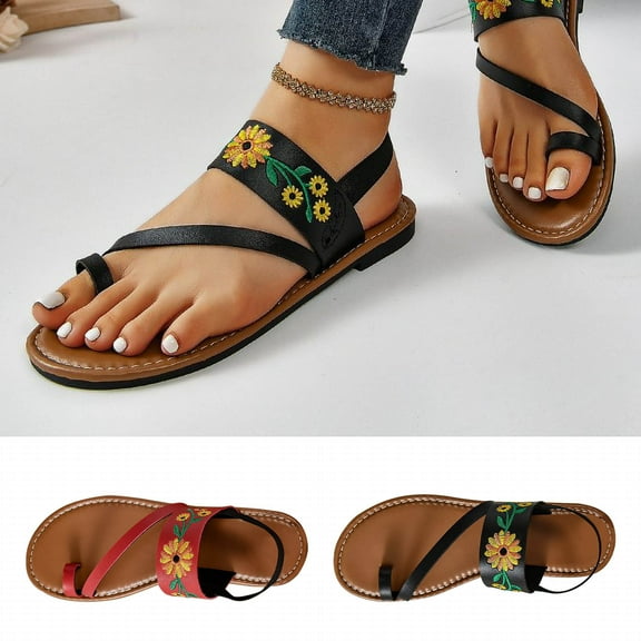 Jacenvly 2024 New Women's Toe Ring Slide Sandals Floral Embroidered Slip on Flat Slides Casual Travel Beach Shoes Black Sandals for Women
