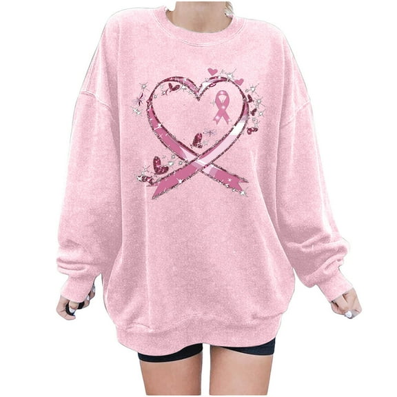 Crewneck Sweatshirts for Women Oversized Loose Breast Cancer Print Tops Drop Shoulder Casual Pullover Shirts(Pink M)