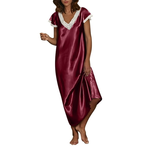 CAIXIA Women'S Robes Elegant Women's Satin Sleepwear Long Loose Fit Nightgown V-Neck Short Sleeve Lace Trim Home Dress