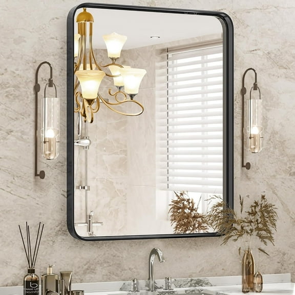 MyDepot Black Metal Framed Vanity Rounded Rectangle Bathroom Mirrors for Over Sink Wall, 36x24 Inch Large Matte Mirror