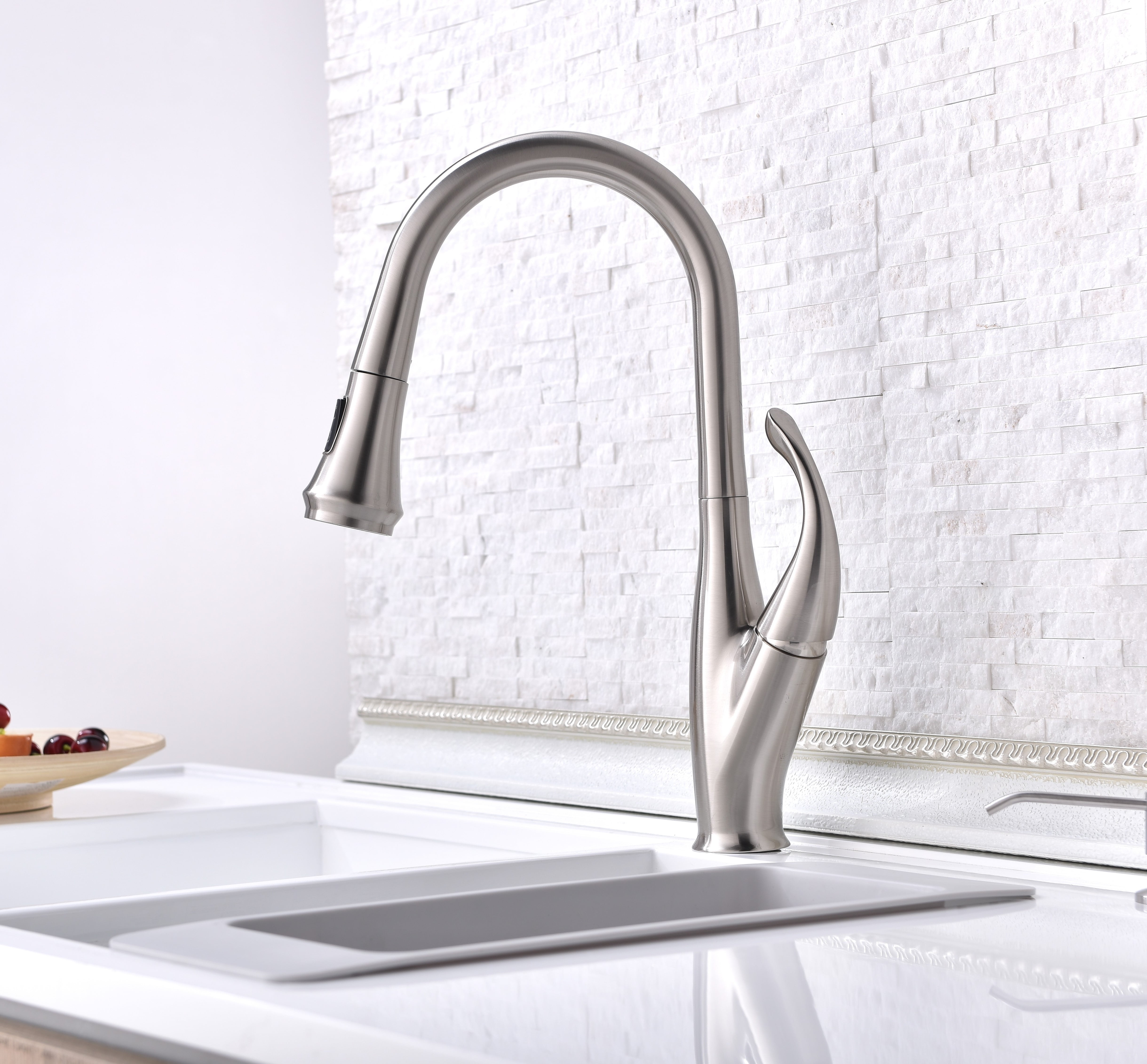 Pull Out Sprayer Kitchen Faucet Brushed Nickel Single Hole Drip Free Cartridges