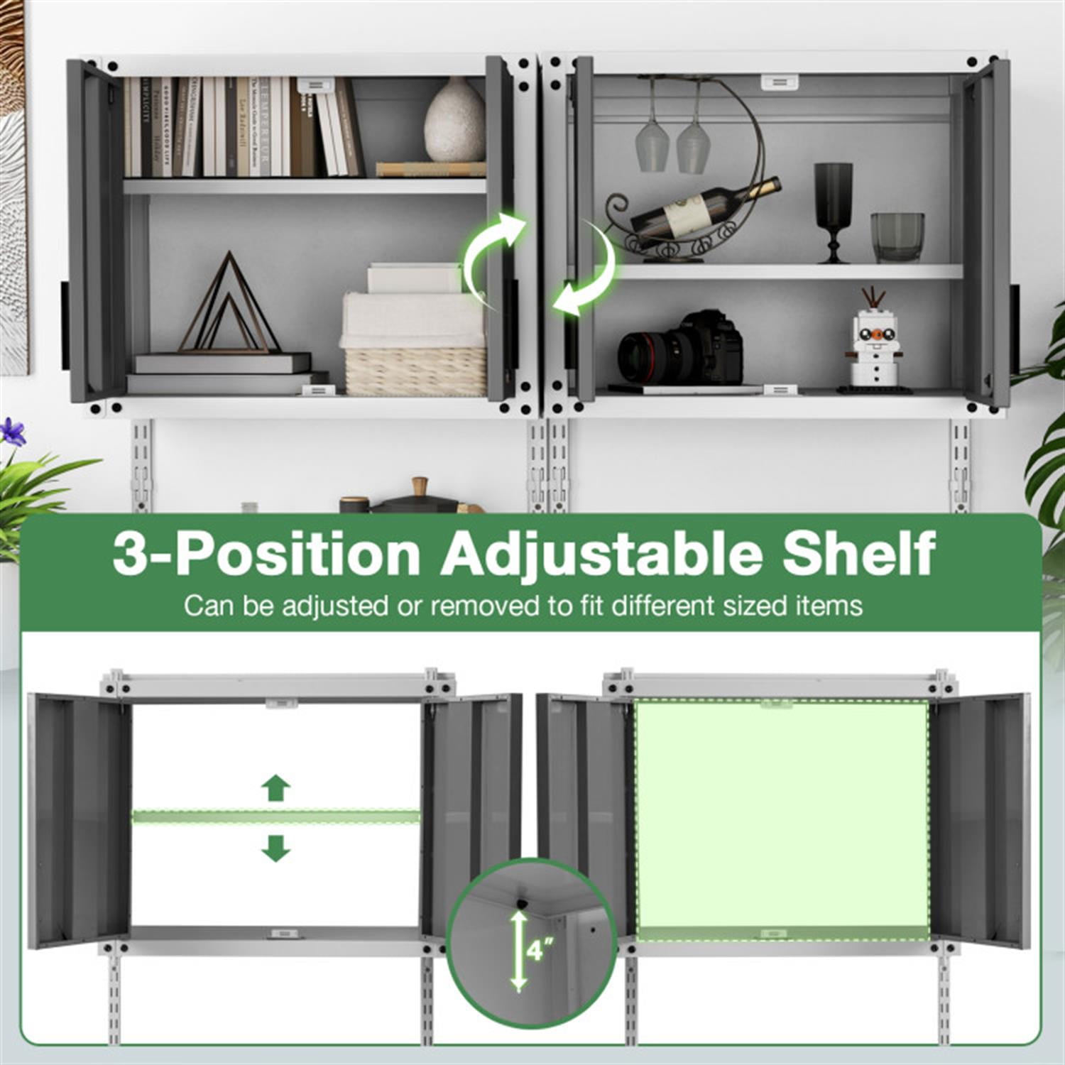 Demi Bonn Metal Wall Cabinet with Lock and 3 Adjustable Shelves, Garage Storage Cabinet, Gray