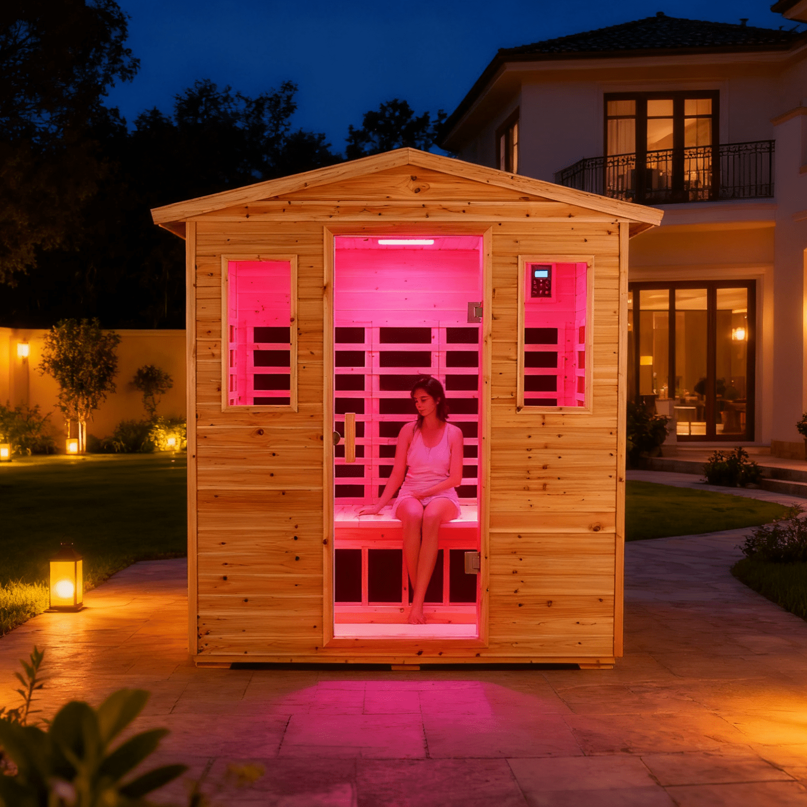 KUNSANA Outdoor Far Infrared Sauna  For 3 Person Old Fir Wood Low EMF Full Spectrum 1950W