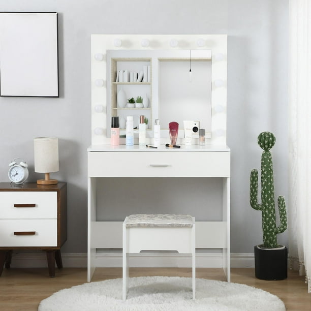 Mijaution Vanity Set With Lighted Mirror Cushioned Stool Dressing Table Makeup White Com Mijaution Vanity Set With Lighted, Vanity Set With Lighted Mirror Cushioned Stool Dressing Table Makeup