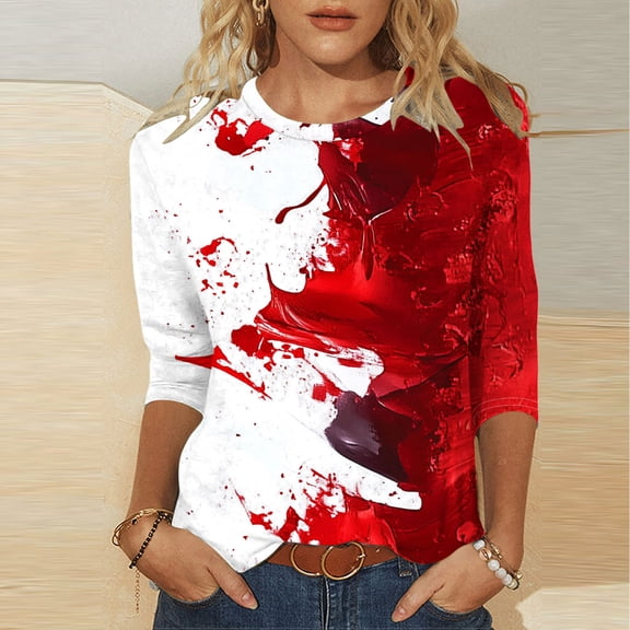Cavosen Red White and Blue Clothes for Women Petite Patriotic 3/4 Sleeve Crew Neck Tops American Flag Print T Shirts Lady XL Independence Day Casual Shirts 4th of July Tunic Tees Patriotic Outfits