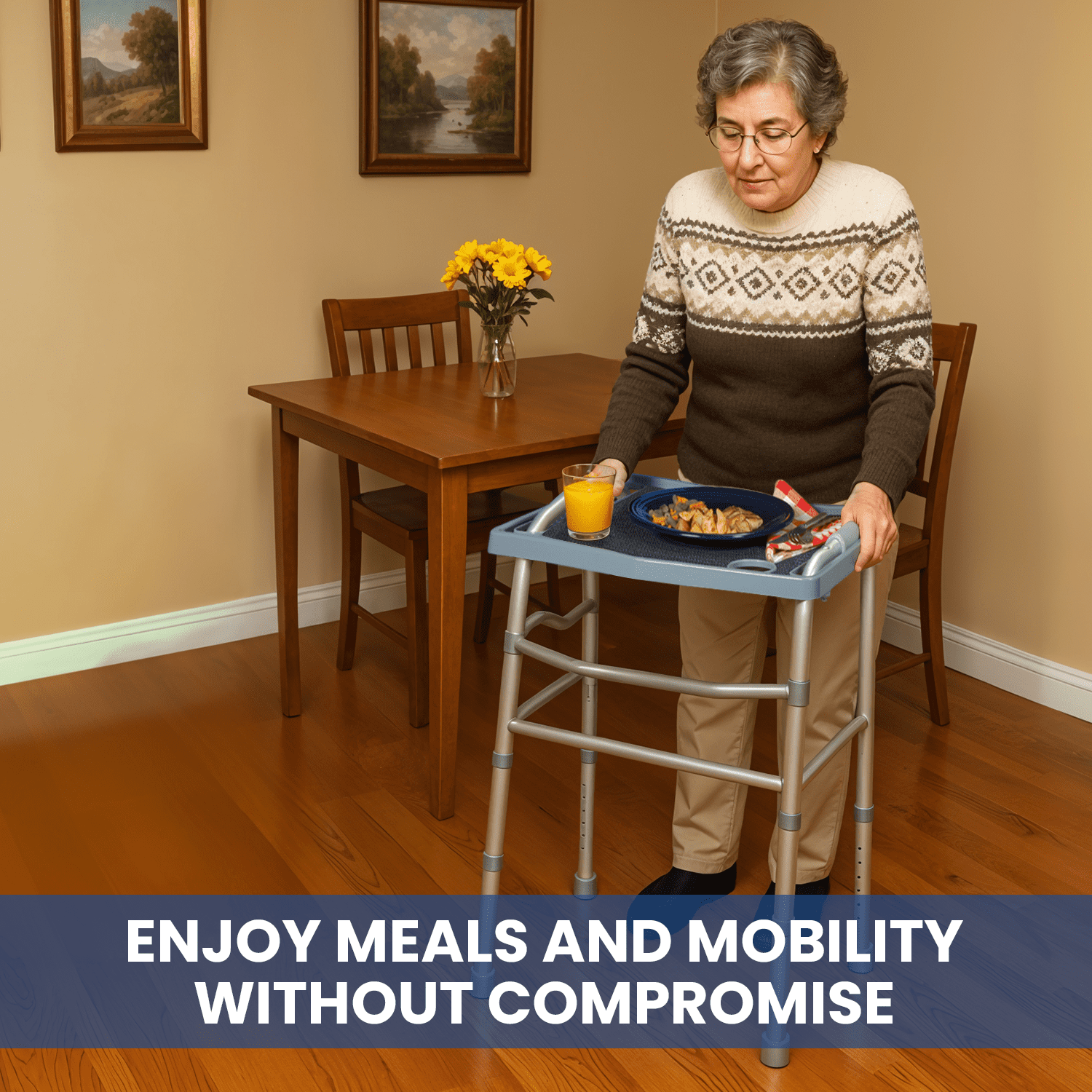 Bundaloo Universal Walker Tray with Non-Slip Mat, Lightweight Walker Accessory Tray for Meals, Drinks, and Daily Use, Includes Dual Cup Holders, Fits Most Standard Walkers, Gray