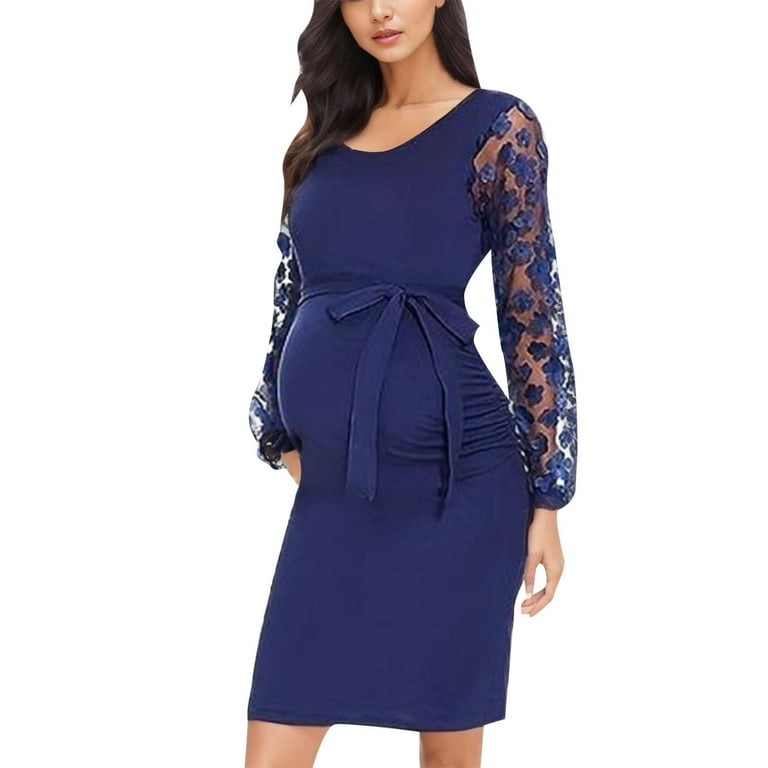 Batas De Maternidad Posparto For Women Maternity Dress For Breastfeeding Hospital Gown Dress Long Sleeved Round Neck Patchwork Maternidad Navy Delivery Gown Nursing Pajamas For Women Breastfeeding Wal...