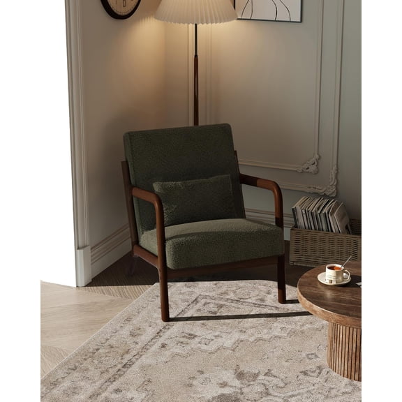 Mid-Century Modern Accent Chair, Sherpa Upholstery, Solid Wood Armchair with Removable Lumbar Pillow, Sturdy Reading Chair for Living Room, Bedroom, Guest Room, Easy Assembly, Green