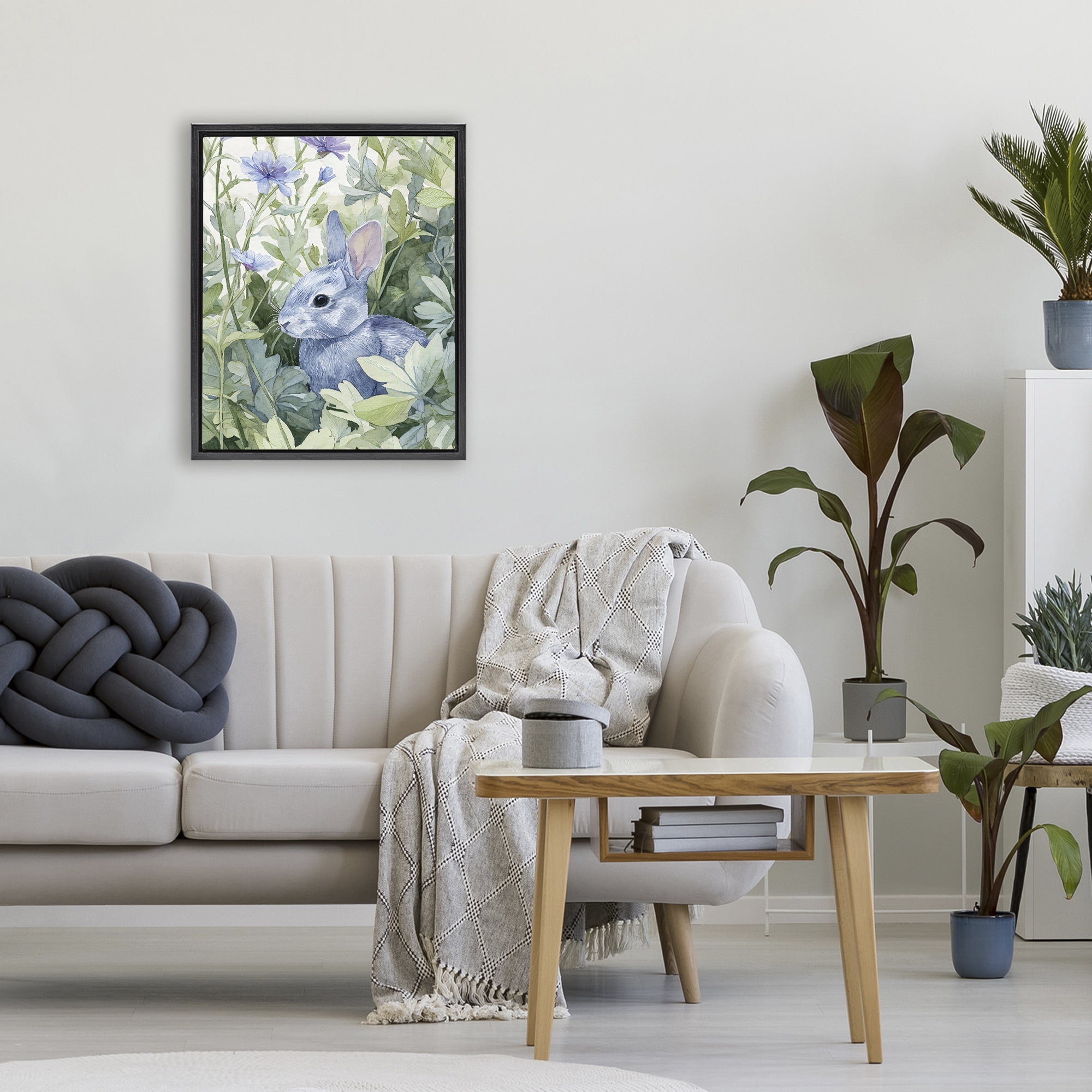 Stupell Industries Blue Bunny Among Leaves Black Framed Floater Canvas Wall Art, design by Franklyn Gregory