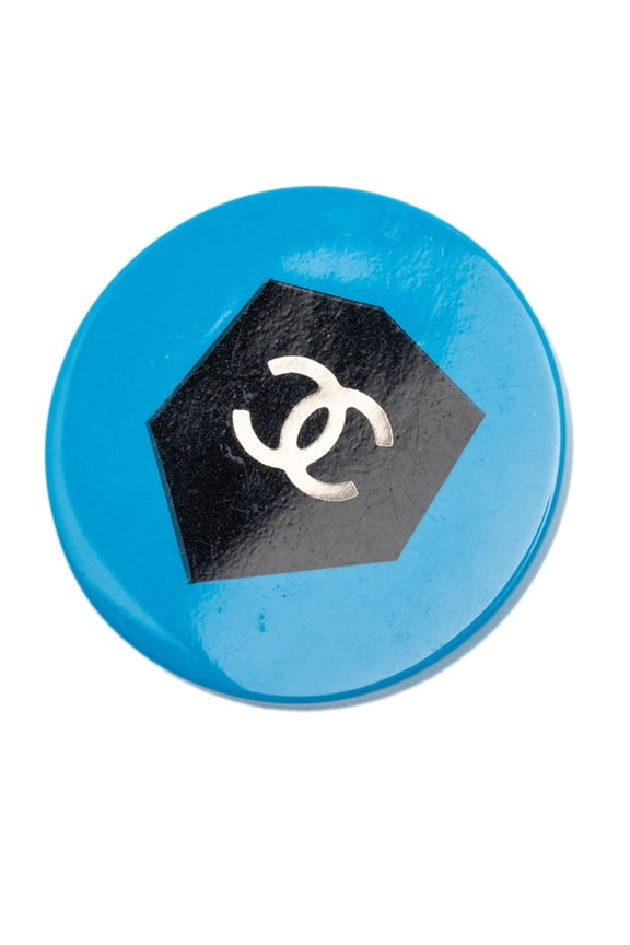 Pre-Owned Chanel Coco Mark Round Logo Pin Brooch, 07A Engraving, Black and Blue Plastic Metal,...