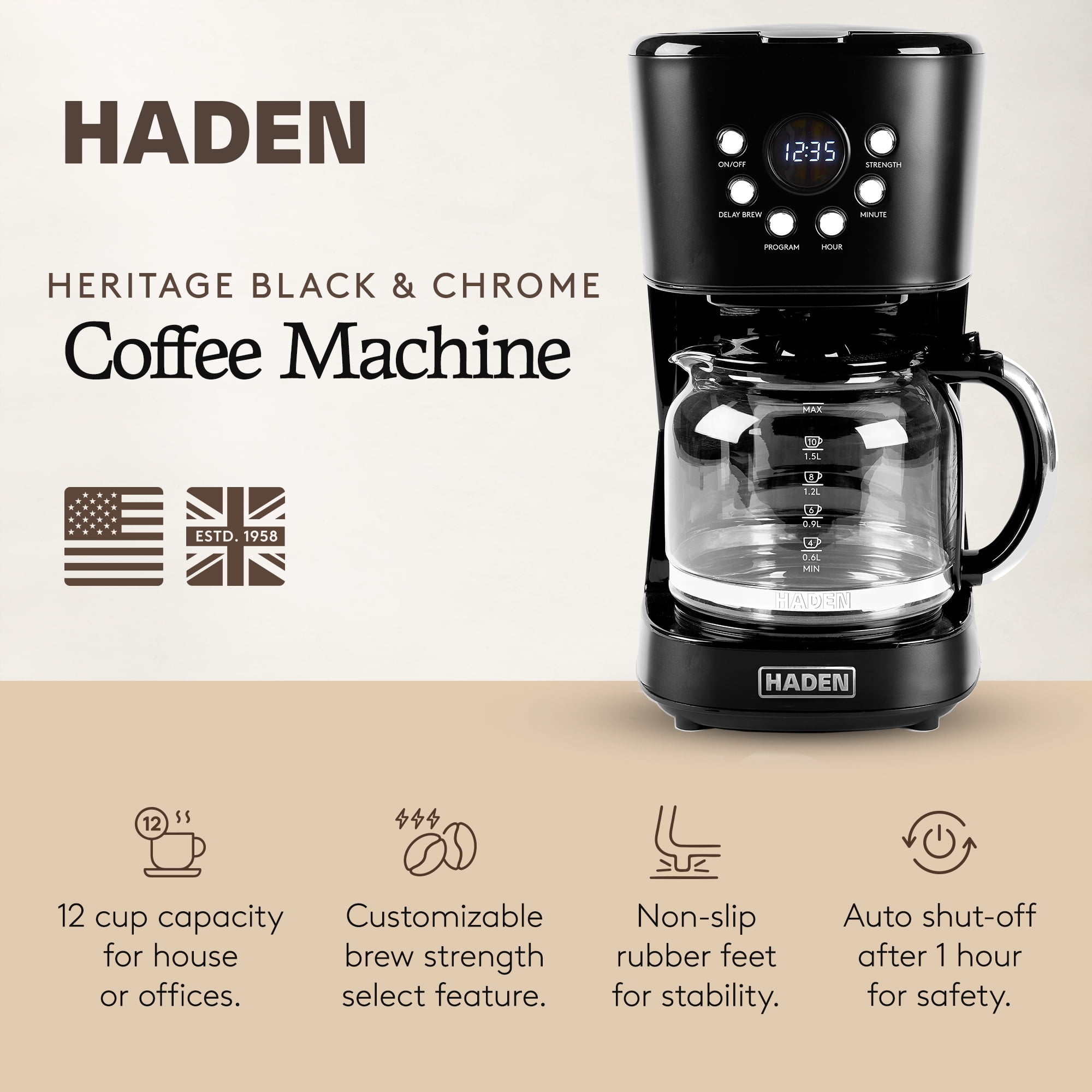 Open Box Haden Heritage 12 Cup Retro Coffee Maker Machine, Black/Chrome