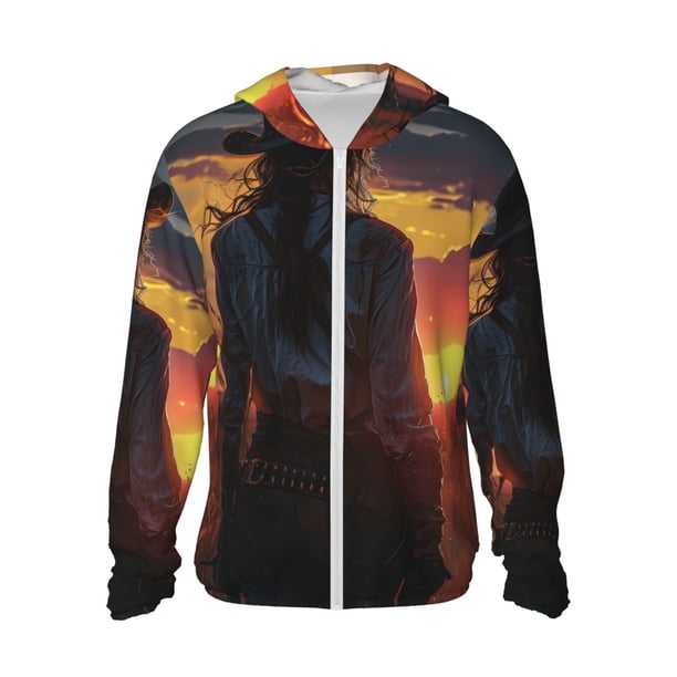 Balery Sunset Western Cowgirl Sudadera ligera de manga larga con capucha y protección solar UPF 50+ para hombre y mujer, ideal para pesca y running-X-Large