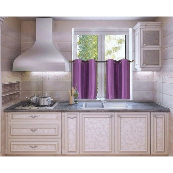 N25 Lilac 1-Set Light Filtering Kitchen Window Curtain, 2 Faux Silk Tier Panels With Bronze Grommets on Top