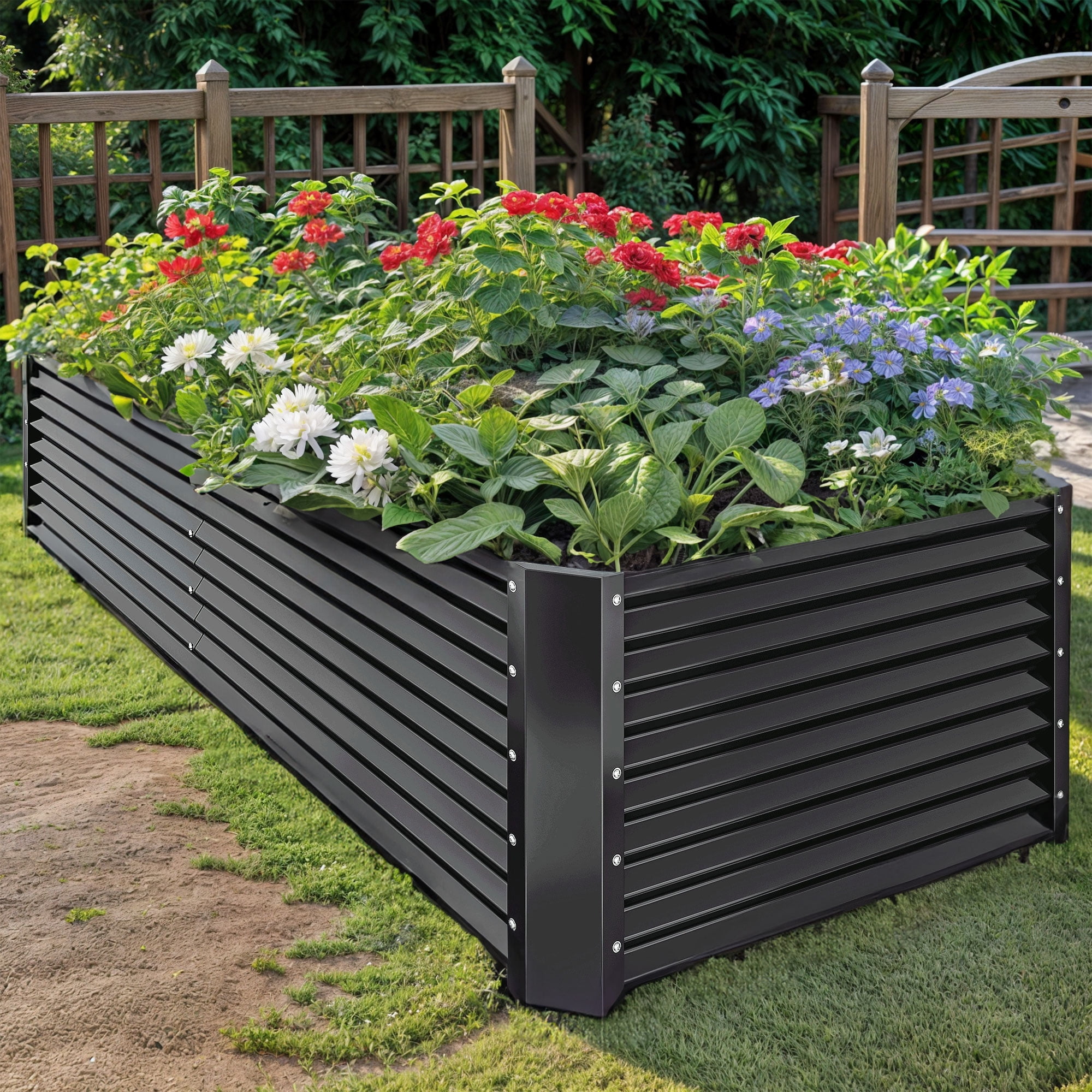 Wooflex Raised Garden Bed 8x4x2 ft with Reinforcement Bars, Corrugated Safety-Wrapped Edge, Dark Gray