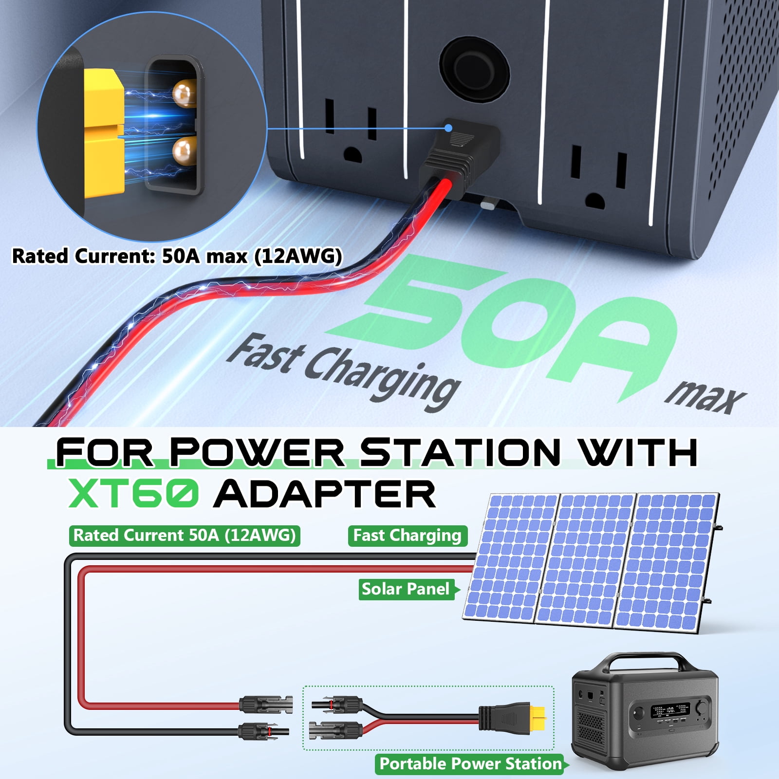 10AWG XT60 Solar Extension Cable - 3/10/15/20/25/30/40/50FT Heavy Adapter Cable XT60i Connector for Portable Power Station, Solar Panel, Battery
