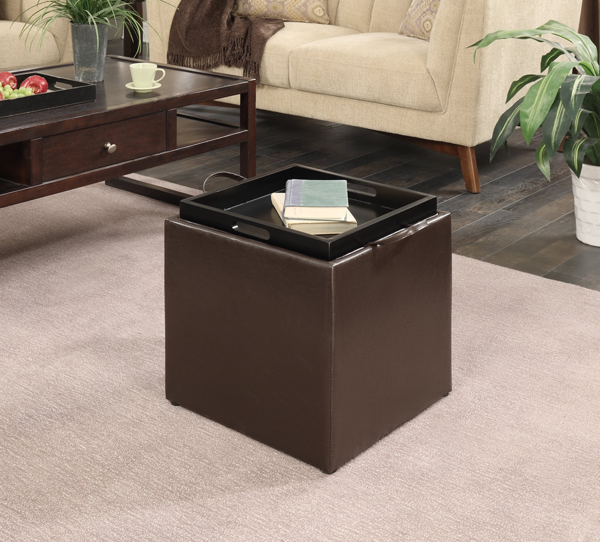Convenience Concepts Designs4Comfort Park Avenue Single Ottoman with Stool and Reversible Tray, Espresso Faux Leather