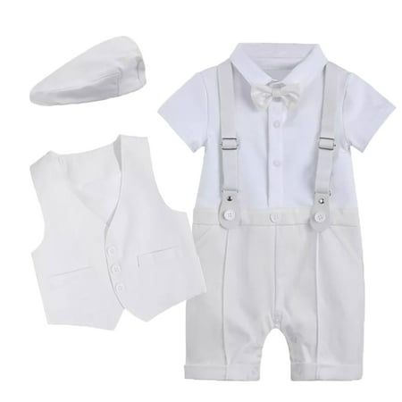 

IBTOM CASTLE Baby Boy Gentleman Outfit Formal Tuxedo Suit Bowtie Romper Overalls with Vest Hat Birthday Wedding Party Clothes 6-9 Months White - Short Sleeve
