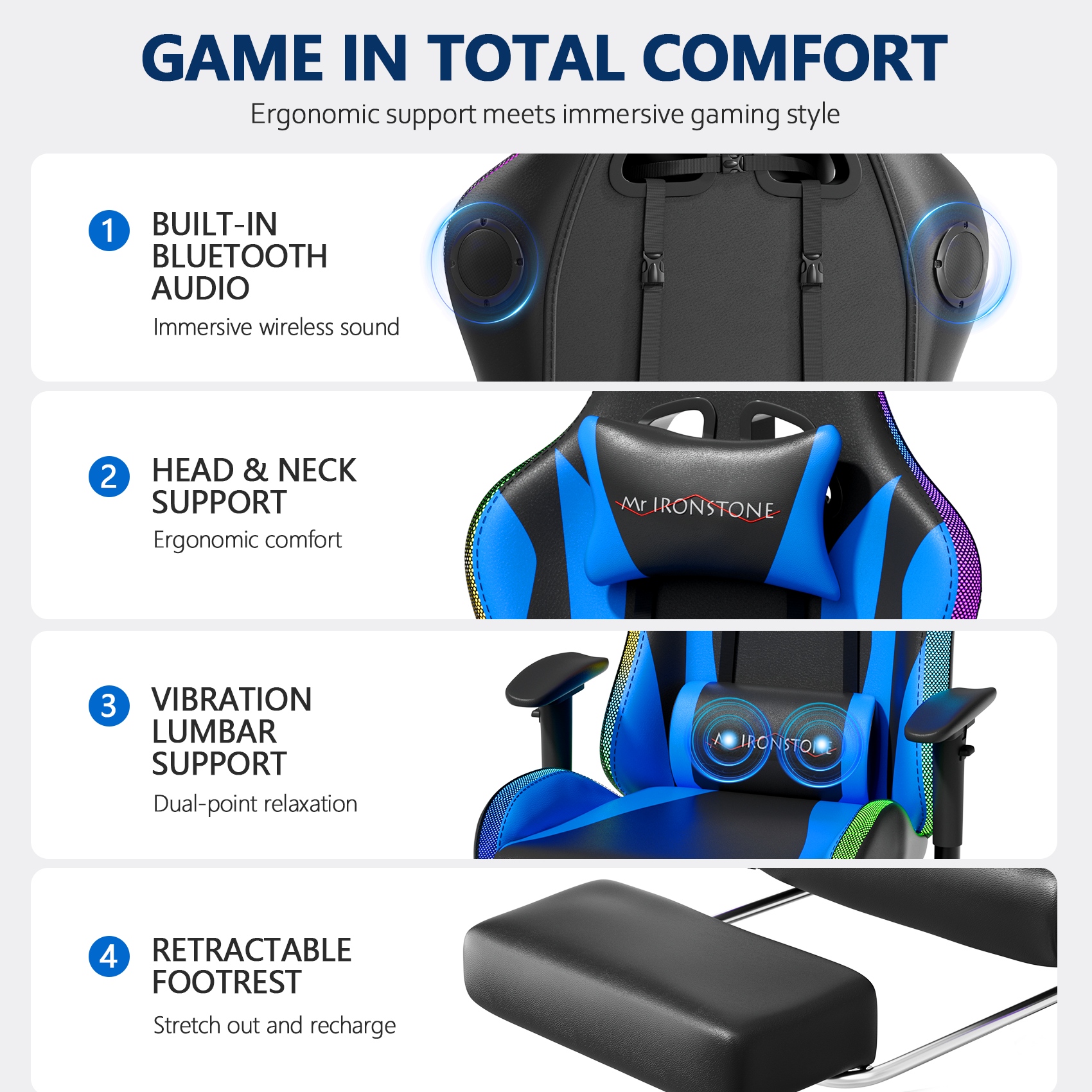 Mr IRONSTONE RGB Gaming Chair with Bluetooth, Blue/Black photo 8