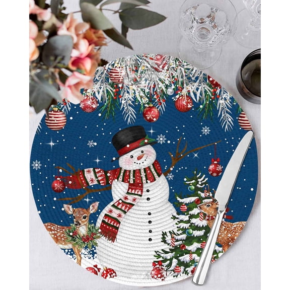 13 Inch Round Placemats Set of 4, Navy Blue Christmas Non Slip Heat Insulation PP Table Mats, Snowman Xmas Tree Ball Elk Snowflake Washable Place Mats for Kitchen Dining Party Table Decor