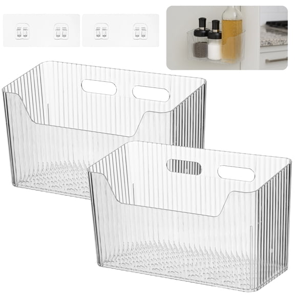 2 Pcs Plastic Wall Mount Organizer Bins, Self Adhesive Cabinet Door Organizer for Cosmetics Toiletries, Wall Organization Containers for Kitchen Bathroom Office, 7.9 x 3.5 x 5.7 in