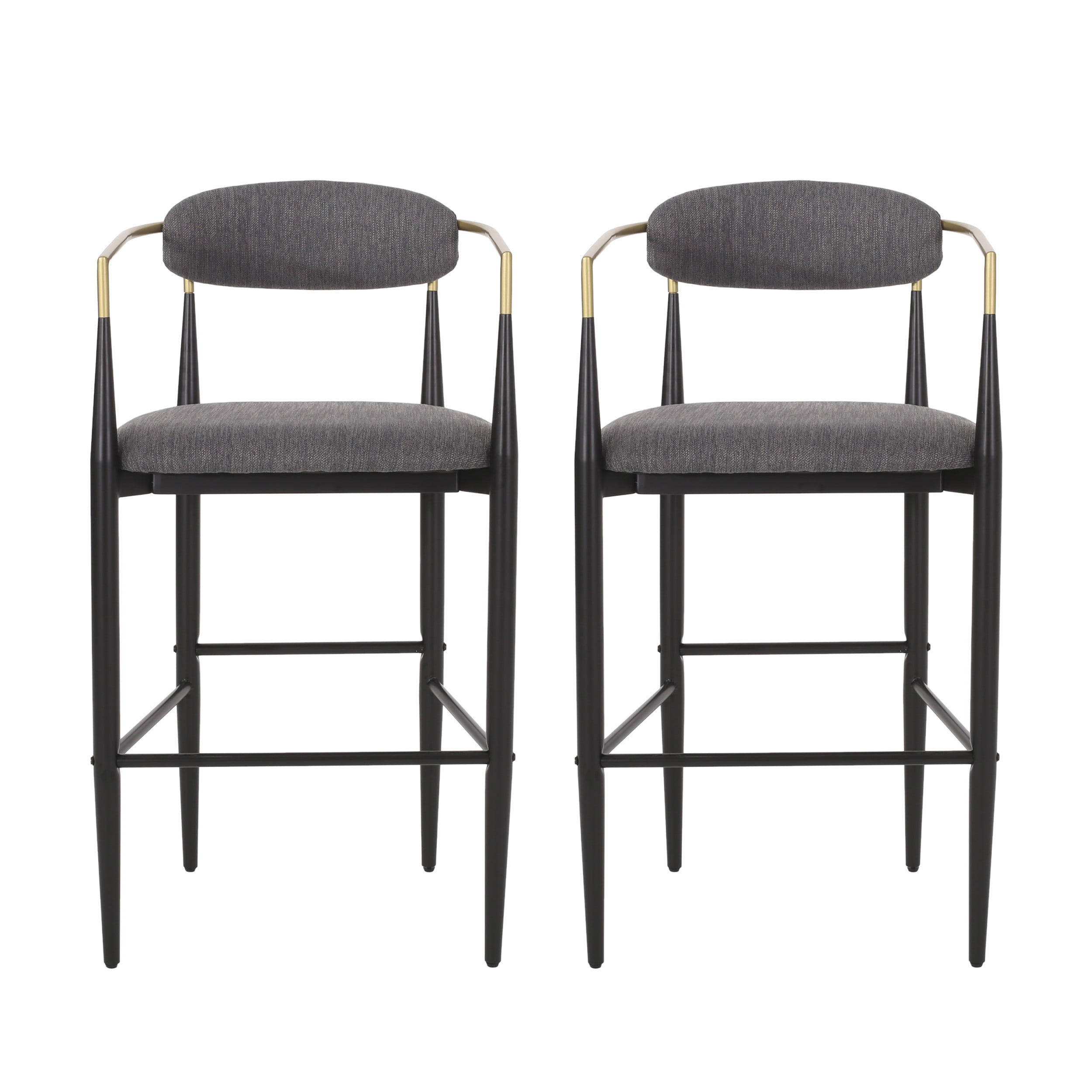 Noble House Boise Indoor Fabric and Metal 30 inch Barstools, Set of 2, Charcoal, Black, and Gold.