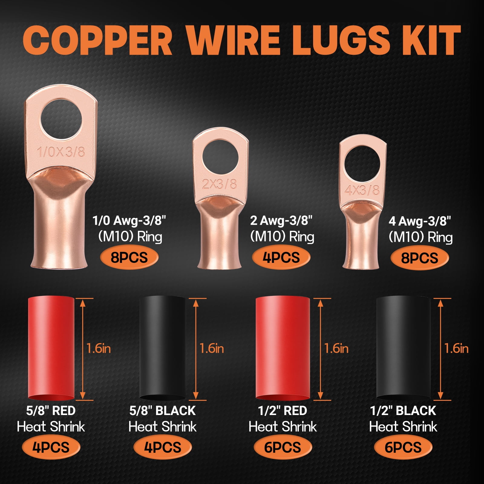 Filluck 40PCS Battery Cable Ends, Heavy Duty Wire Lugs 1/0 AWG 2 AWG 4 AWG, 3/8" Ring Battery Terminal Connectors with 3:1 Heat Shrink Tubing, Wire Connectors Kit for Automotive, Marine, RV, Solar