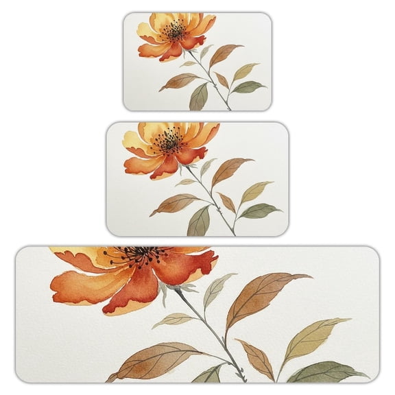 RKSupls Kitchen Rug Set 3 Piece Anti-Slip Flannel Floor Mats, Single Poppy Flower Washable Absorbent Runner Mats for Kitchen Bathroom Home Decor
