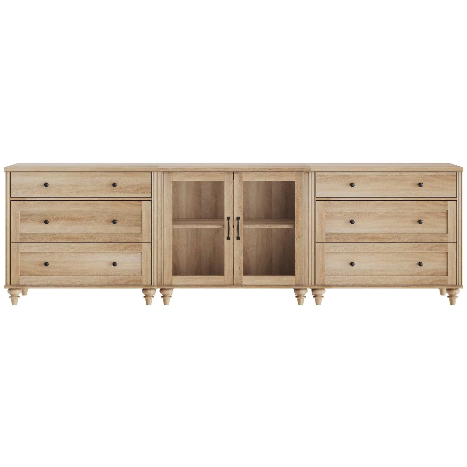 Sideboard Buffet Cabinet with 2 Glass Doors, 3-in-1 Kitchen Storage Cabinet, Wooden Coffee Bar Table with Adjustable Shelf & 6 Drawers for Dining Room, Living Room, and Bedroom, Oak
