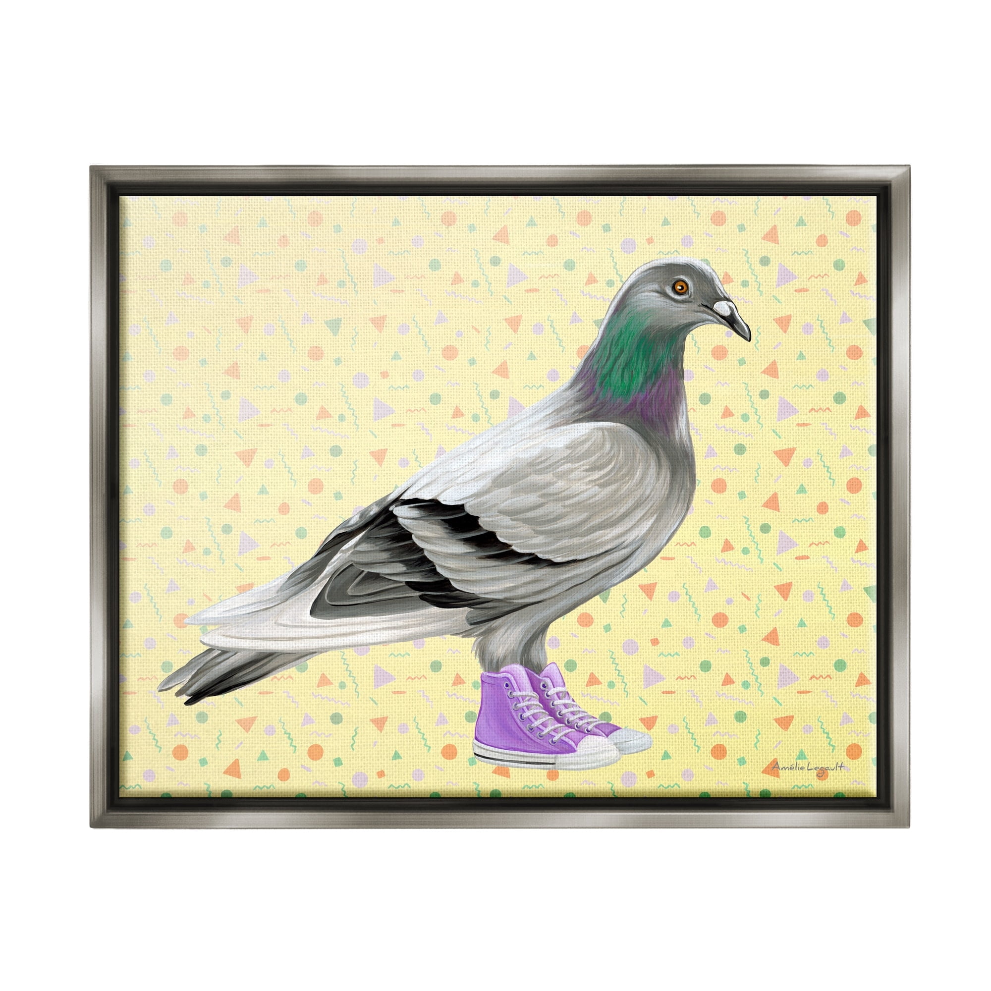 Stupell Industries Pigeon In Purple Sneakers Retro Patterned Background Graphic Art Luster Gray Floating Framed Canvas Print Wall Art, Design by Amelie Legault
