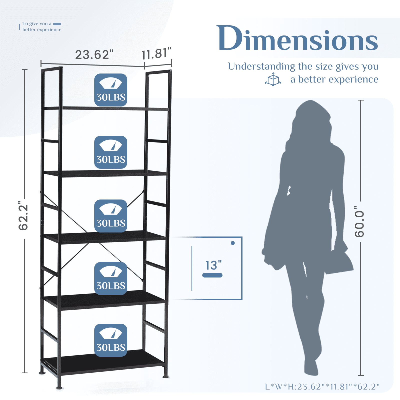 MAYEERTY 5 Tiers Bookshelf, Modern Open Bookshelf, Storage Rack Shelves in Living Room/Home/Office, Black
