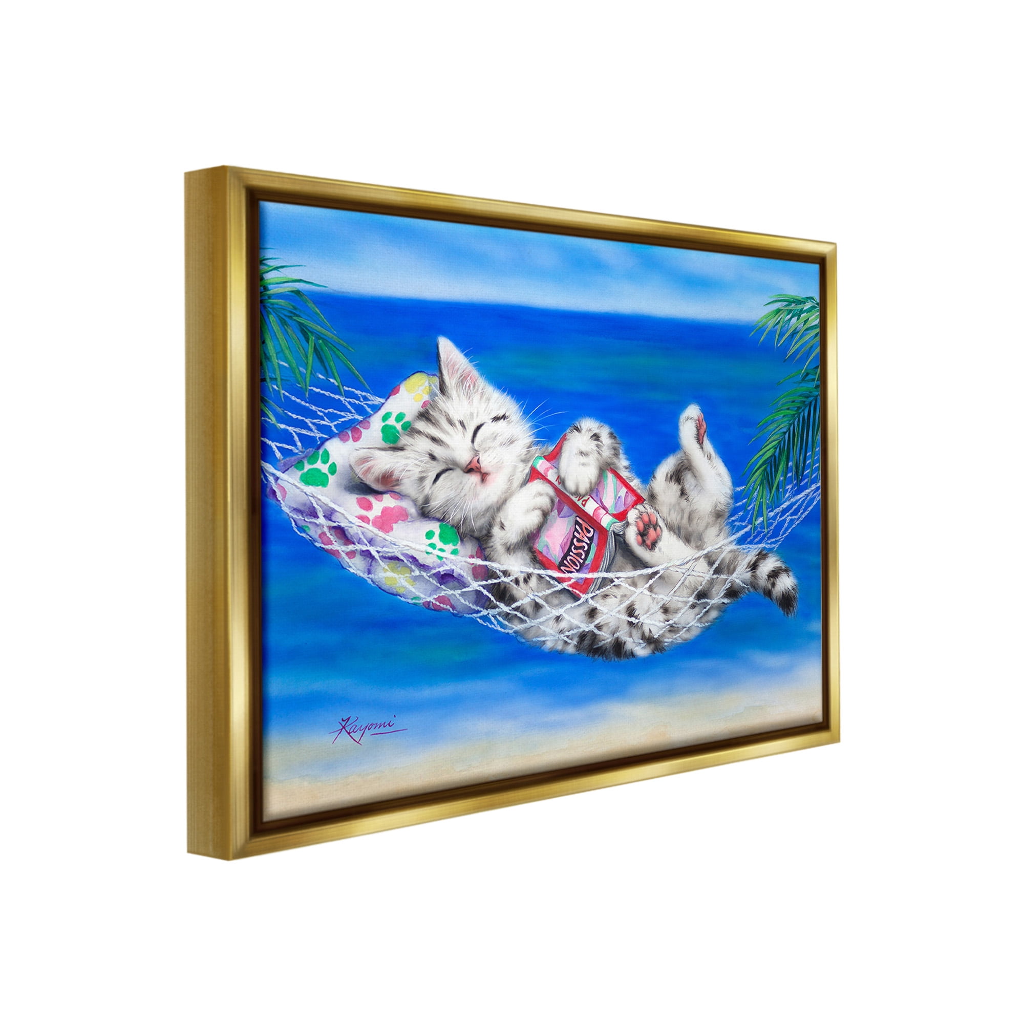 Stupell Industries Kitten Sleeping on Beach Animals & Insects Painting Gold Floater Framed Canvas Art Print Wall Art, 31 x 25