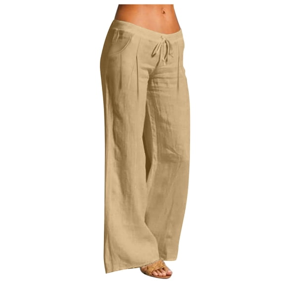 Yievot Linen Pants Women Wide Leg Drawstring Elastic Waist Palazzo Flowy Pants Ruched Loose Summer Beach Vacation Trousers with Pockets