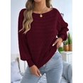 thumbnail image 5 of Women Solid Textured Cable Knit Off Shoulder Boat Neck Balloon Long Sleeve Loose Pullover Sweater Wine Red L, 5 of 10