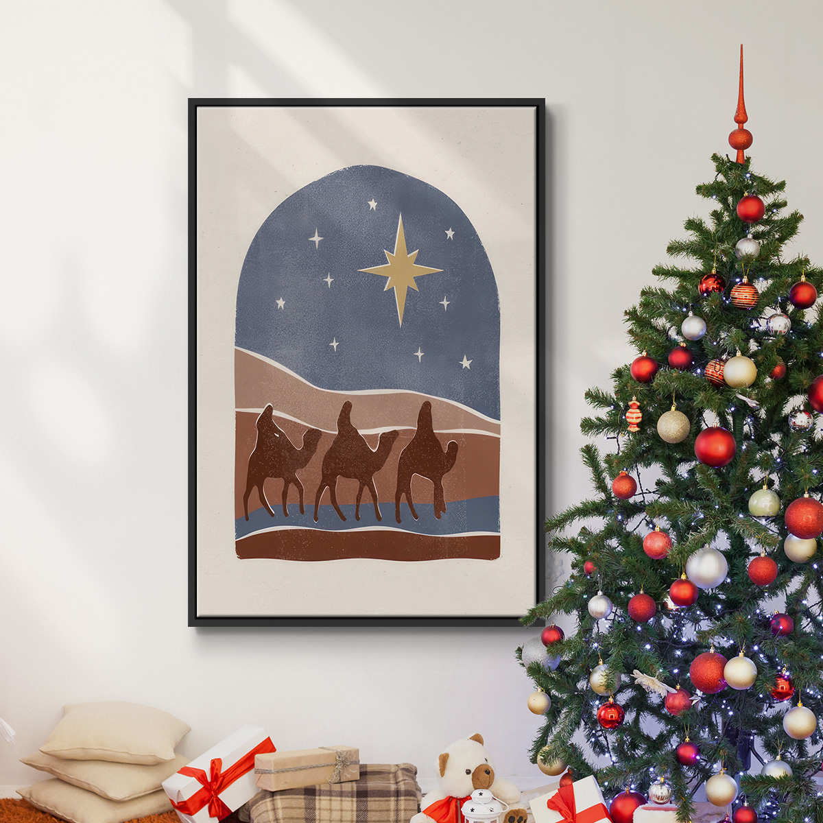 Boho Nativity II - Framed Gallery Wrapped Holiday Canvas - 27 x 41 - Black Frame