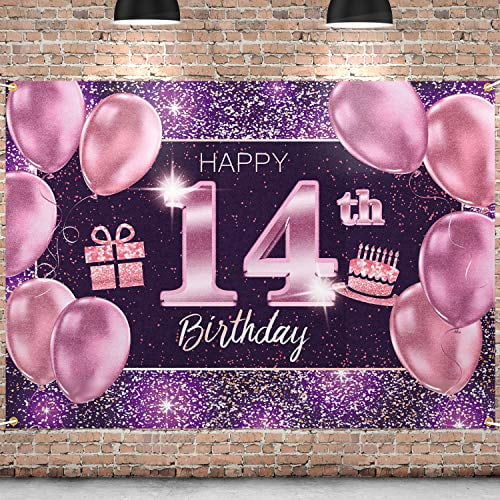 PAKBOOM Happy 14th Birthday Banner Backdrop - 14 Birthday Party Decorations Supplies for Girl - Pink Purple Gold 4 x 6ft