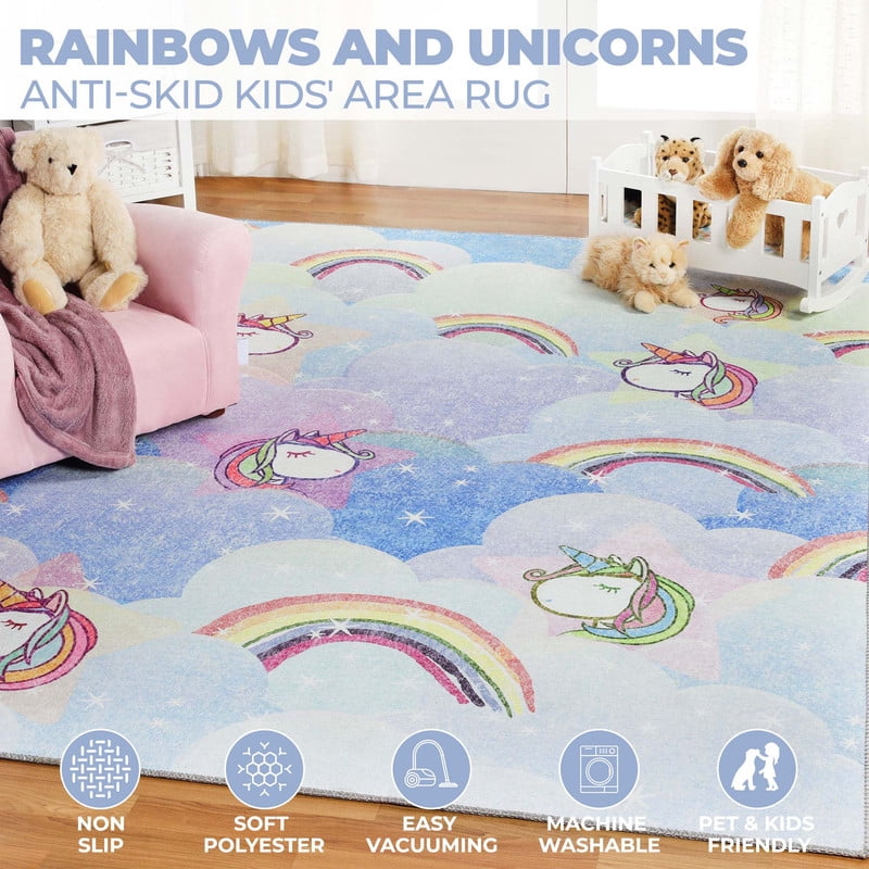 Superior Unicorn Non-Slip Washable Indoor Play Rug, 5' x 7' 6", Sapphire Blue