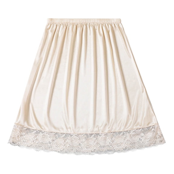 Floleo Women's Lace Trimmed Semi Slip Underskirt Elastic Waist Flat Bottom Skirt Solid Color Anti Transparency and Anti Light Leakage Women's Layered Skirt Under the Dress(Khaki,Free Size)