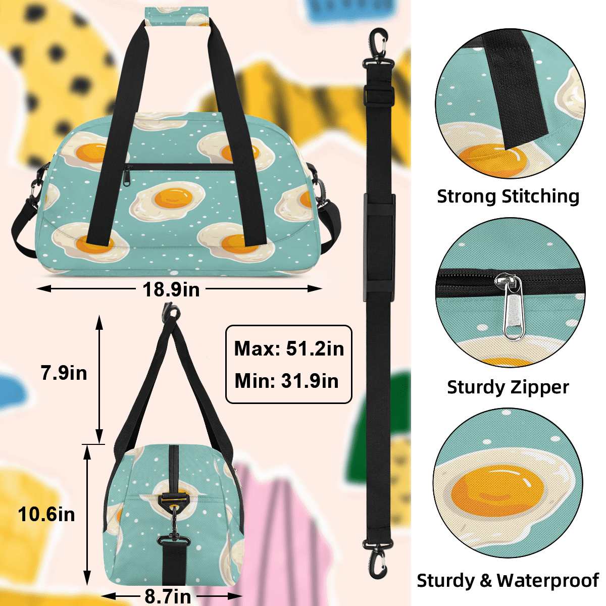 Herdesigns Cute Sports Duffle Bag for Women & Men, Eggs Gym Bag Dance Bag Overnight Bag Carry On Weekender Travel Bag