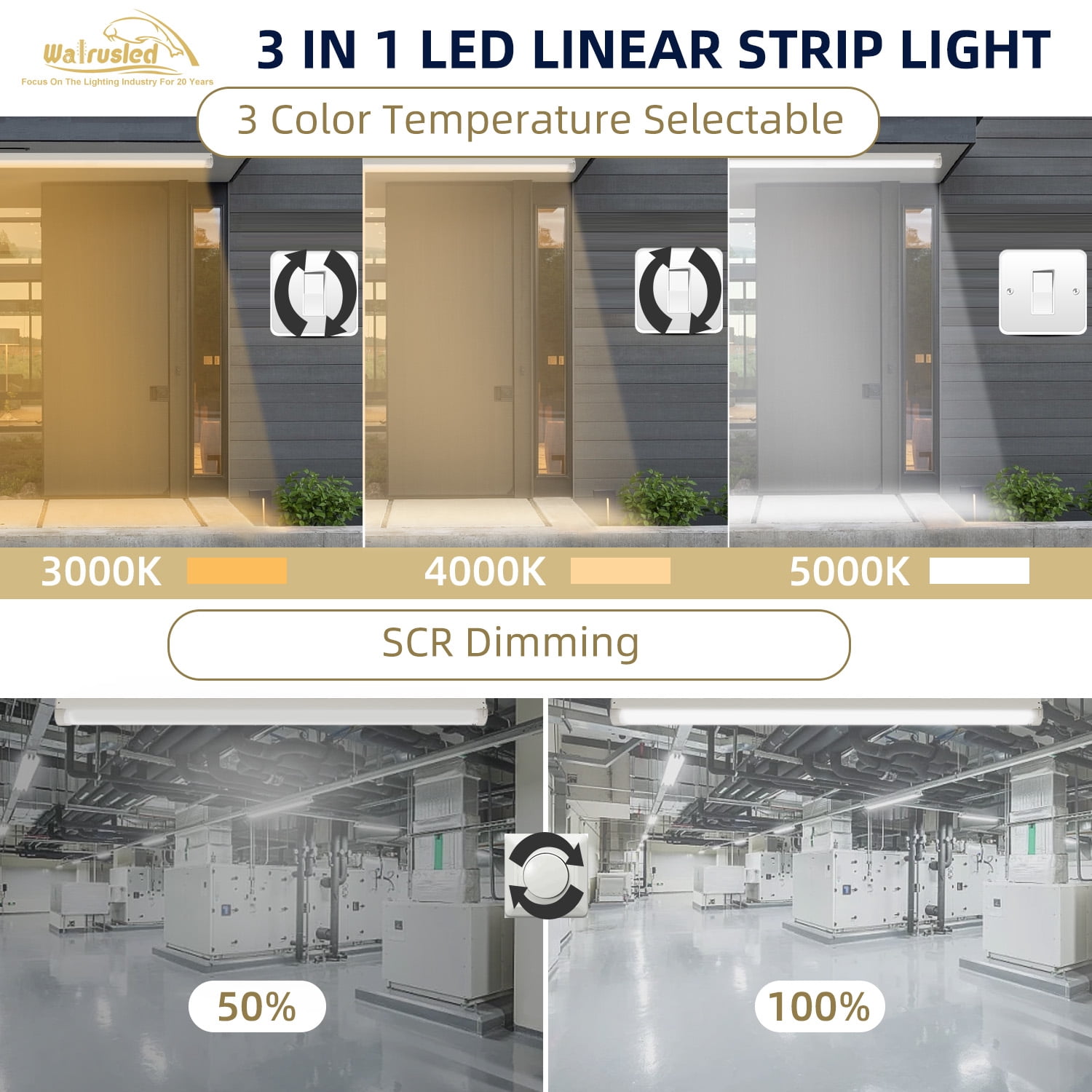 4FT Linkable 80W LED Shop Light, 8800lm, 3000K/4000K/5000K, Utility Shop Ceiling Lights for Garages, Workshops, SCR Dimmable 4 Foot Linear Strip Work Light Fixture with Plug and Power Cord, FCC