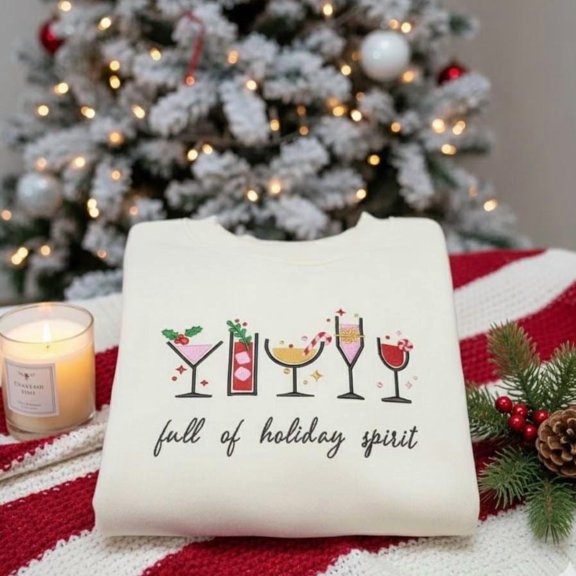 Embroidered Full of Holiday Spirit Sweatshirt, Funny Christmas Cocktail Shirt, Festive Drink Embroidery Crewneck, Holiday Party Gift
