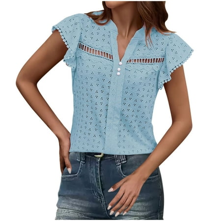 Women s V Neck Lace Crochet Eyelet Tops Cap Sleeve Dressy Blouse Casual Summer T Shirts 2025 Cute Babydoll Tees
